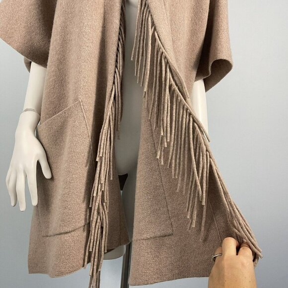 Mitchie's 100%Wool Hooded Poncho Cape Fox Fur Trim Beige Tan Coat - Picture 6 of 16